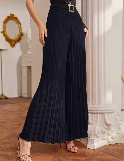 Golden Buckle Pleated Pant - Navy